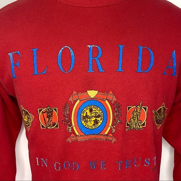 Vintage 90’s Florida In God We Trust Red Crewneck Sweatshirt Made in USA Medium - Picture 9 of 9